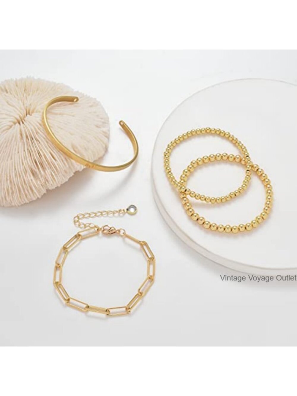 18K Gold Plated Copper Beaded Bracelet Set Stackable Stretch Link Cuff Bangle